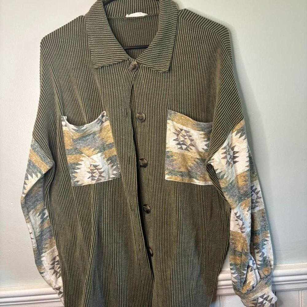Reborn J Corduroy Shacket Aztec Sleeve Button Up Overshirt Boho L